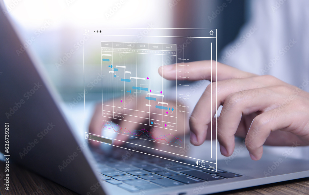 Poster business manager managing business planning project schedules in the office. gantt chart showing on 