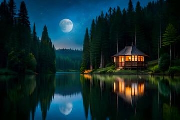 Fototapeta premium Landscape of dense forest with a moon in the sky along with a cottage made with Generative AI