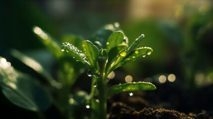 macro of young plant with drops of water in sunlight , illustration, Generative AI