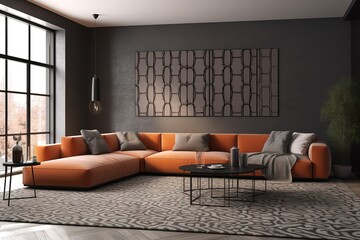 Morden living room interior decoration with sofa, a coffee table and one large landscape picture frame with pastel color background. Generative AI
