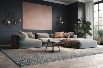 Morden living room interior decoration with sofa, a coffee table and one large landscape picture frame with pastel color background. Generative AI