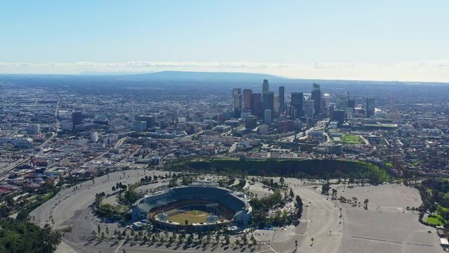 Aerial view of the Los Angeles area cityscape with Dodger Stadium
