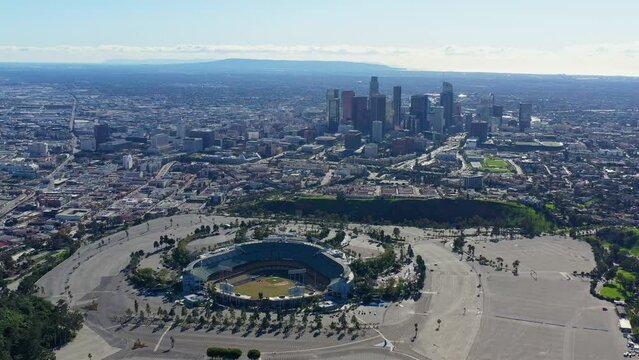 Aerial view of the Los Angeles area cityscape with Dodger Stadium