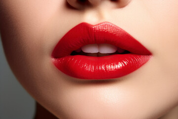 Close up of woman's lips with bright red lipstick