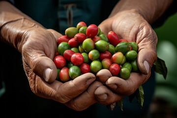 Arabica coffee berries with Hands roBusta farmer and Arabica coffee berries with hands.generative ai - obrazy, fototapety, plakaty