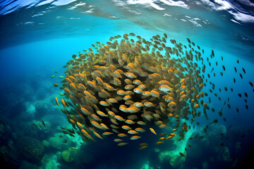 underwater world with shoal of colourful fishes