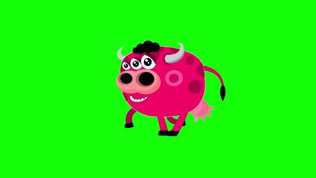 Cartoon monster cow with three eyes walking loop greenbox. Additional start, stop and one step moves. Funny animal children animation isolated. Animated isolated character good for any use.