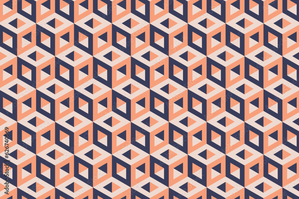 Poster blue and orange optical illusion hexagonal cube seamless pattern. op art hexagon cubic blocks backgr