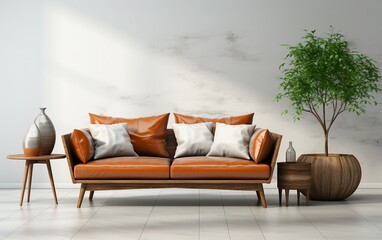Stylish premium living room interior with comfortable brown sofa