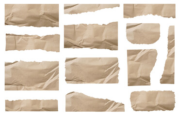 set of recycled brown paper torn isolated on white background.