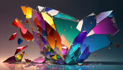 Destructing Beautifully Shattered Glass in colors on black background