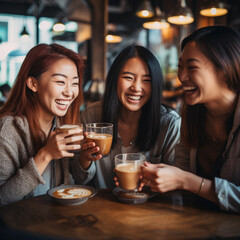 woman with 4 - 5 friends, smiling, sitting and drinking coffee