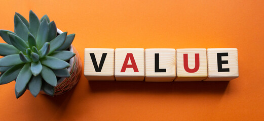 Value symbol. Concept word value on wooden cubes. Beautiful orange background with succulent plant....