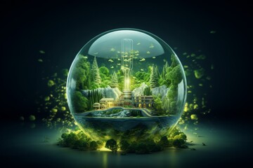 Obraz na płótnie Canvas Green energy light bulb on green background with reflection. Eco-friendly.