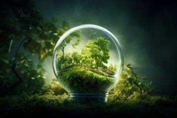 Green energy light bulb on green background with reflection. Eco-friendly.