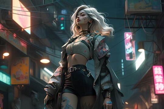 beautiful woman walking down the street, skirt blowing up in the wind,  in the style of realistic hyperbole game trailer, bold curves, futuristic clothing, LED, Neon lights. generative AI