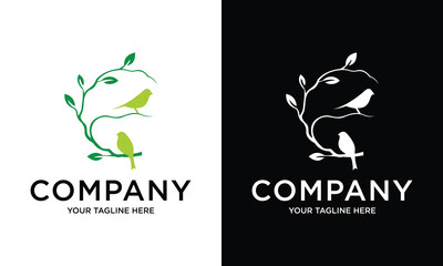 Minimalistic gentle logo icon branch of a plant with leaves and a silhouette of a bird for a beauty salon