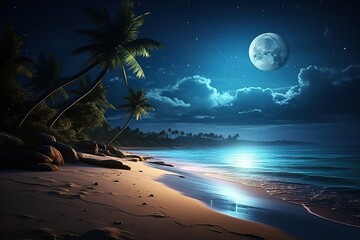 Night sea or ocean landscape moon and stars. Ai art