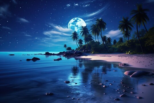 Night sea or ocean landscape moon and stars. Ai art