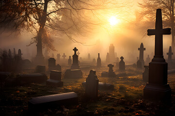 spooky cemetery in fog