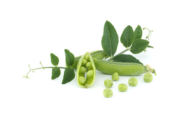 Group of green pea pods and peas isolated on white