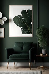 Dark Green Living Room Poster Mockup - 3D Render AI Generated Image