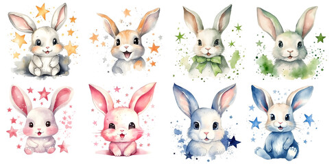 set of cute rabbits with stars, isolated on Background, PNG, generated ai