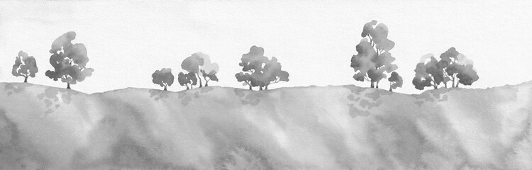 Black and white nature landscape. Silhouettes of trees on hills . Watercolor painting banner background. - 626743209