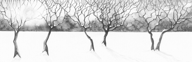 Black and white Art Nature winter landscape with branched trees. Watercolor painting banner template on textured paper. - 626743210