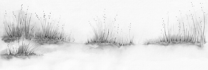 Black and white Art Nature landscape. Field with grass and dry flowers, snow, thawed patches and sky. Watercolor painting web site banner template on textured paper. - 626743214