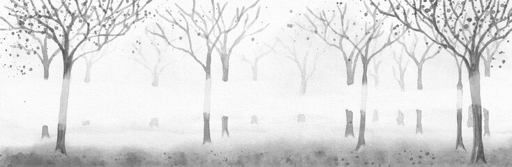 Black and white Autumn Nature landscape. Trees in fog. Artistic nature background. Watercolor painting on textured paper. - 626743216