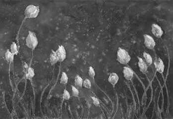 Black and white floral landscape. Abstract flowers on textured spotted background. Artistic spring background. Watercolor painting and soft oil pastel on textured paper. - 626743229