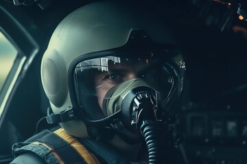 Fighter Pilot in flight wearing flying helmet, dark visor and oxygen mask strapped into ejector seat in flying suit and black visor