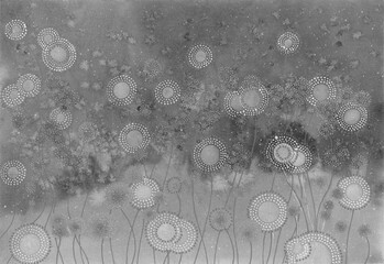 Black and white Watercolor floral landscape. Dotted dandelion and flowers on textured background. Artistic abstract background. - 626743255