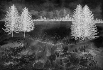 Black and white Abstract Nature Nordic landscape. Snowy fir trees, grass, moss and an icy lake. Artistic nature background. Watercolor on textured paper. - 626743262