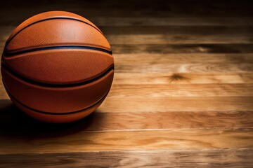 Obraz premium a basketball ball is sitting on a wooden floor, created by Generative AI