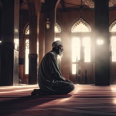 A religious muslim man praying inside the mosque. Muslim. Generative Ai