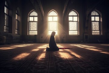 A religious muslim woman praying inside the mosque. Muslim. Generative Ai - obrazy, fototapety, plakaty