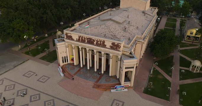 Exterior Of Music And Drama Theatre, Khujand, Tajikistan - aerial pullback