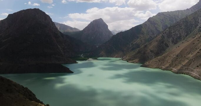 Mountain Lake Iskanderkul In Tajikistan - aerial drone shot 