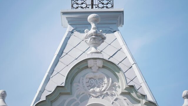 Art Nouveau building tower. Close up. 4K video.