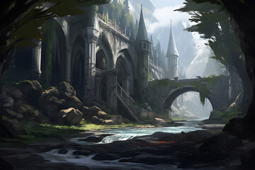 forest castle bridge environment concept art illustration