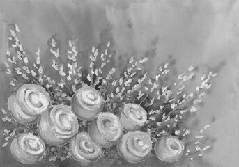 Black and white Nature floral landscape with roses flowers on textured spotted background. Artistic spring or summer background. Watercolor and oil pastel painting on textured paper. - 626744406