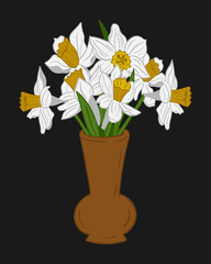 White daffodils bunch in ceramic vase. Dark theme. Isolated flat vector composition on black background. Floral illustration. Unique botanical composition. Ideal for greeting card, invitation, banner