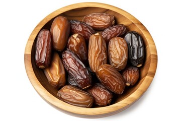 Obraz premium top view dates in a wooden bowl on a white background, created by Generative AI