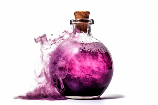 Magic potion in glass bottle on white background
