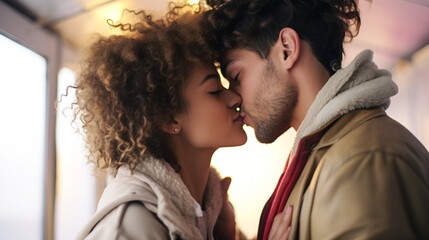 Illustration of Beautiful young couple kissing in cafe, closeup. Romantic date. AI generated Illustration