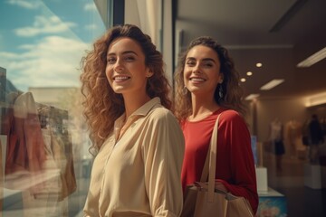 Two happy young women looking at store window while holding shopping bags near shopping mall