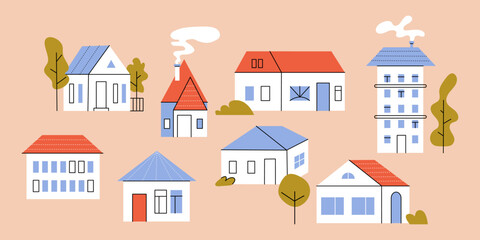 Set of different tiny houses with trees. Cute country buildings, cottages in cartoon style. Modern home facade with doors and windows. Colorful flat vector illustration