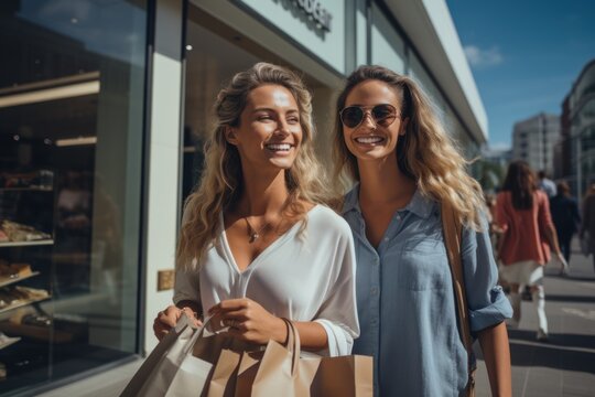 Two happy young women looking at store window while holding shopping bags near shopping mall